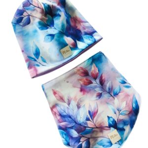 Czapka i chustka dla dziewczynki niebiesko- różowe kwiaty