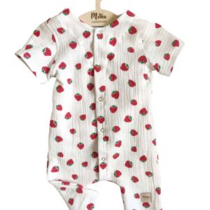 Rampers muślinowy w truskawki na białym tle