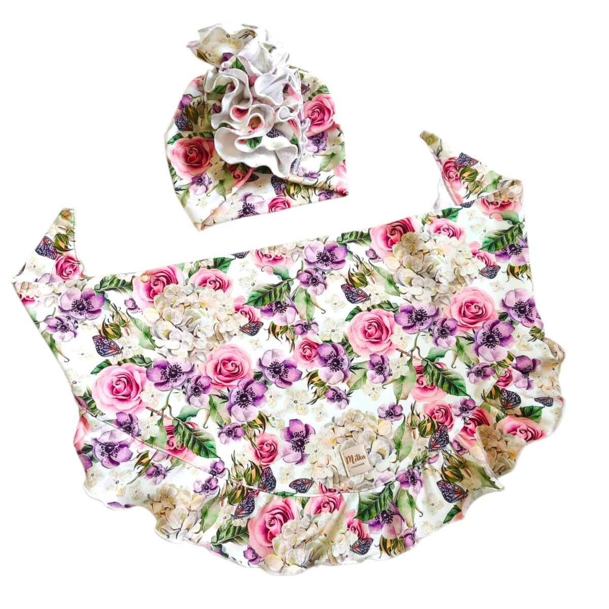 Turban i chusta z falbanką bzy