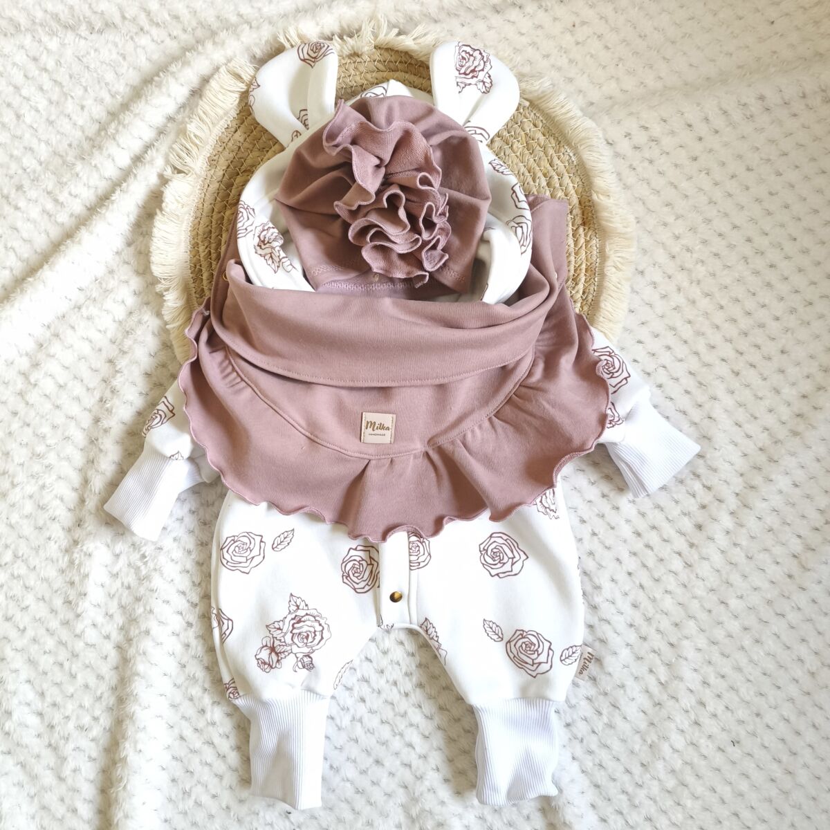 Turban i chusta z falbanką ciemny brudny róż - obrazek 7