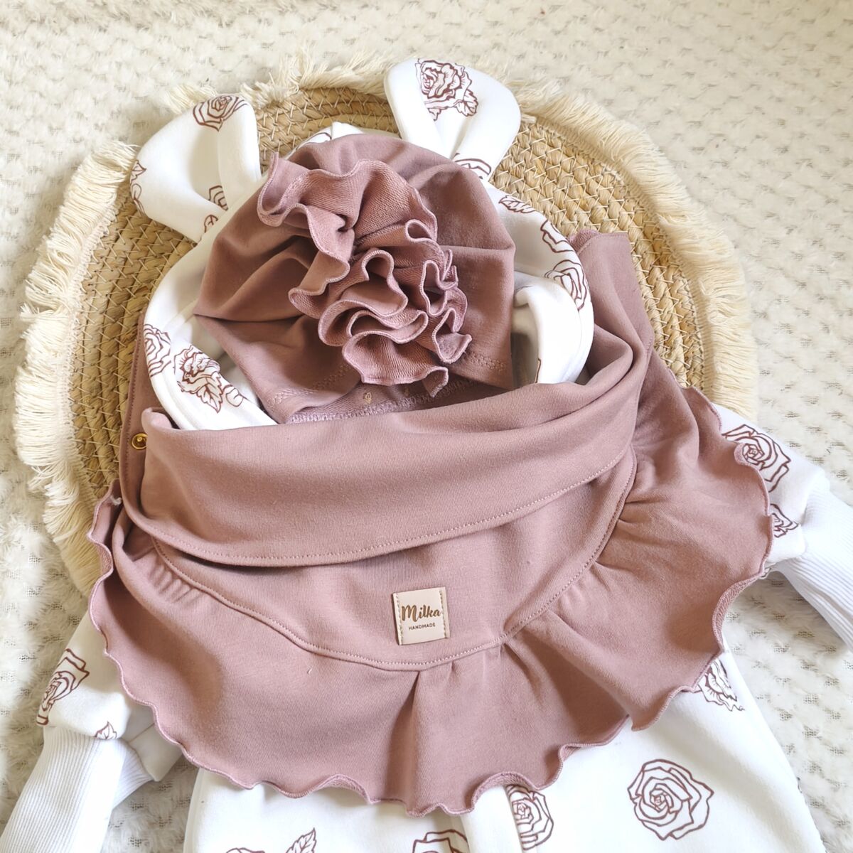 Turban i chusta z falbanką ciemny brudny róż - obrazek 6