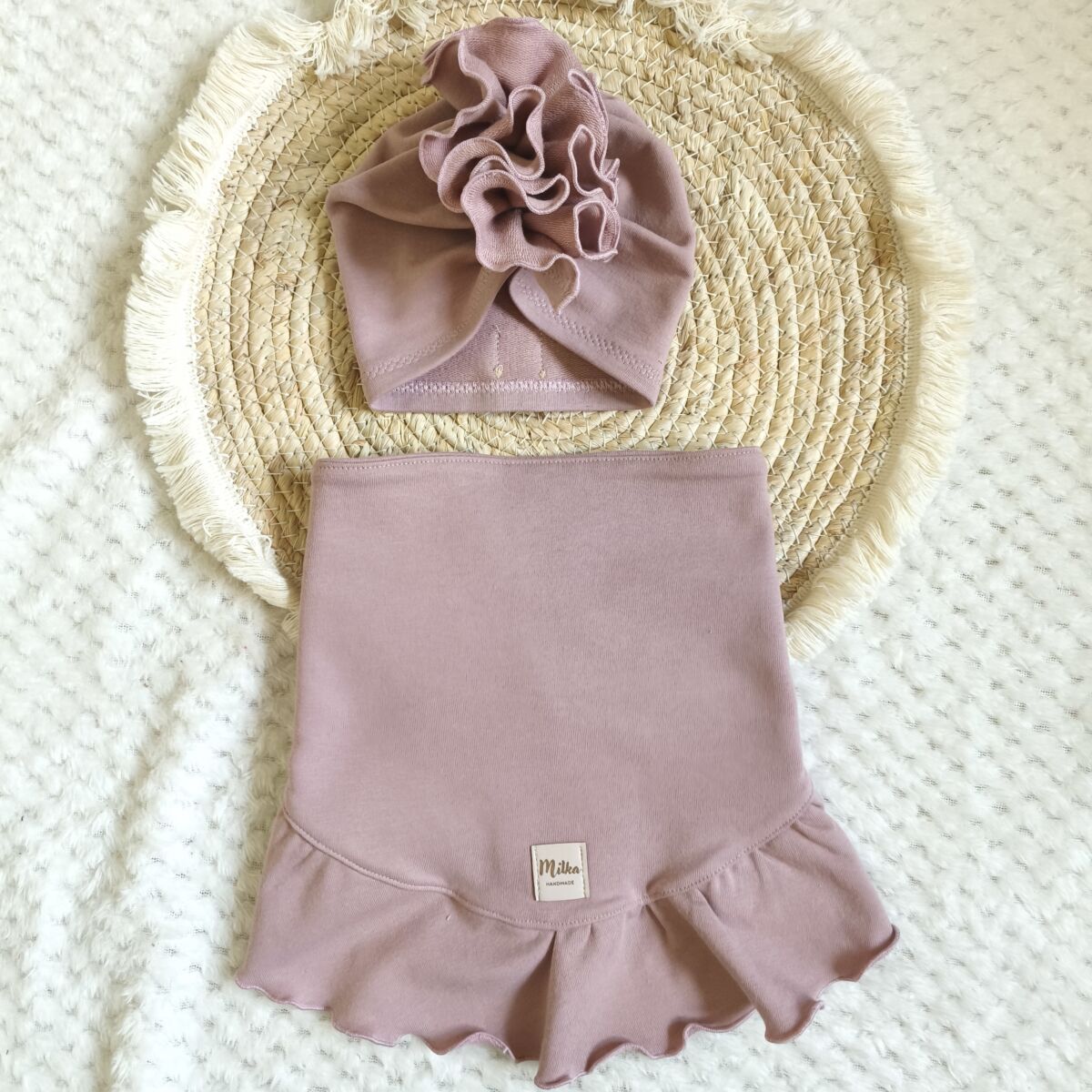 Turban i chusta z falbanką ciemny brudny róż - obrazek 4